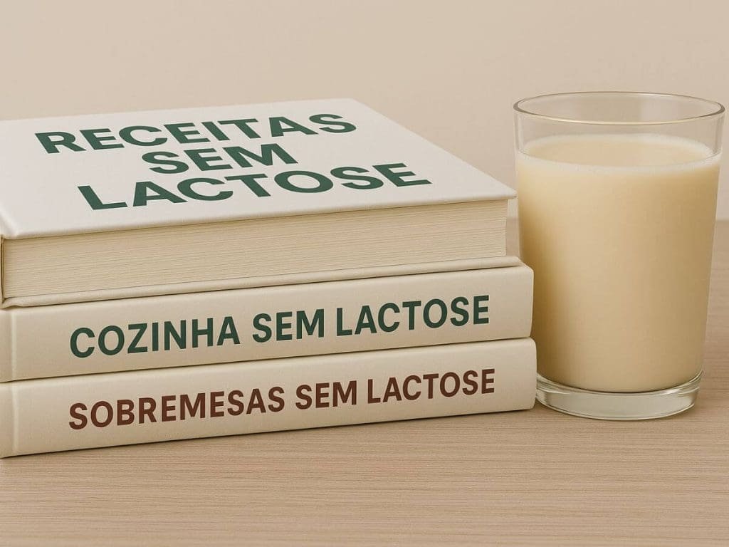 Livros de receitas sem lactose ao lado de leite vegetal.